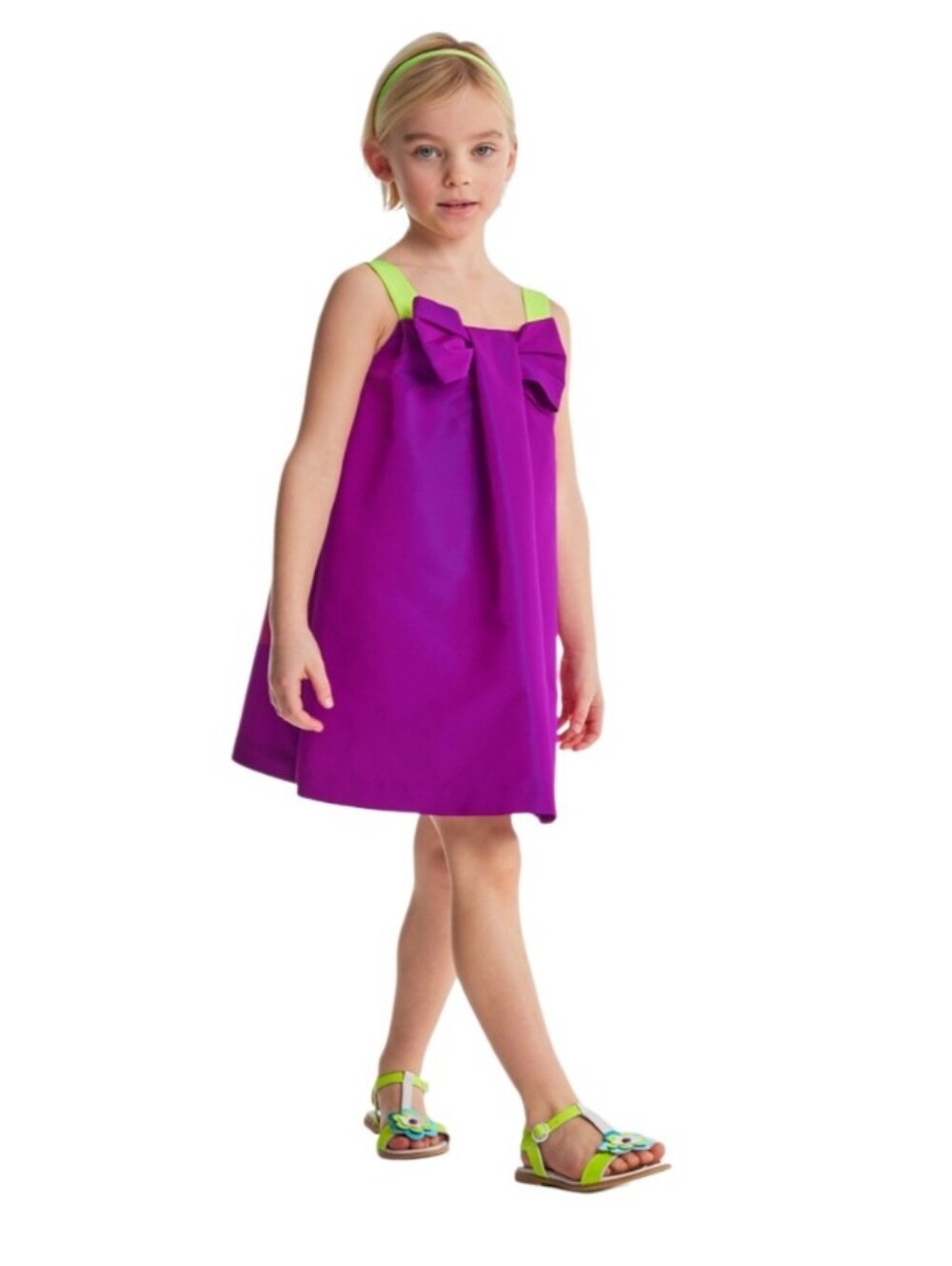 Jacadi Paris purple dress with lime green straps and bow detail, size 3 years.